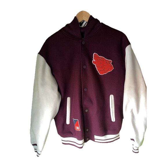Zara Letterman Jacket Burgundy White Cream Wolf Men’s Jacket Sz Large NWT - Picture 1 of 16
